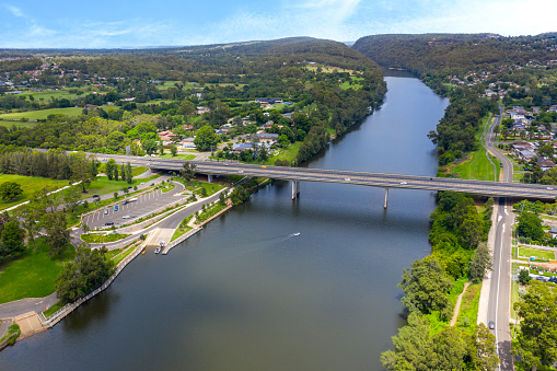 Nepean River M4 motorway Bridge, Penrith NSW, Australia, aerial view.