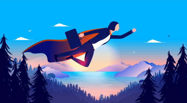 ilustraciones, imágenes clip art, dibujos animados e iconos de stock de supermujer en los negocios - superhero flying heroes business