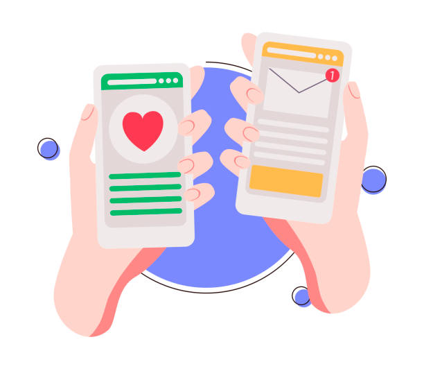 istock Two hands holding phone with message, icons and emoji. Communication concept on white background. Social networking concept. Vector flat cartoon illustration for web sites and banners design 1301646544