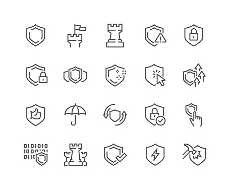 Simple Set of Defense Related Vector Line Icons. 
Contains such Icons as Computer Security, Umbrella, Shield and more. Editable Stroke. 48x48 Pixel Perfect.