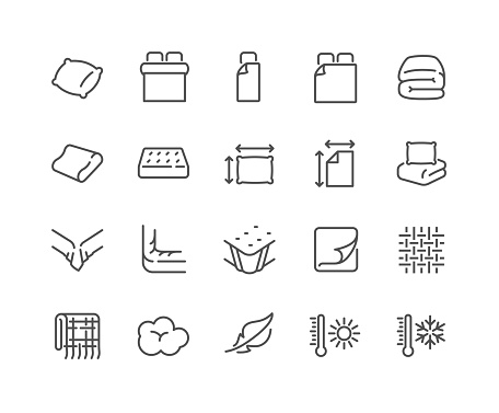 Simple Set of Linens Related Vector Line Icons. 
Contains such Icons as Blanket, Single and Double Bed, Weather Conditions. Editable Stroke. 48x48 Pixel Perfect.
