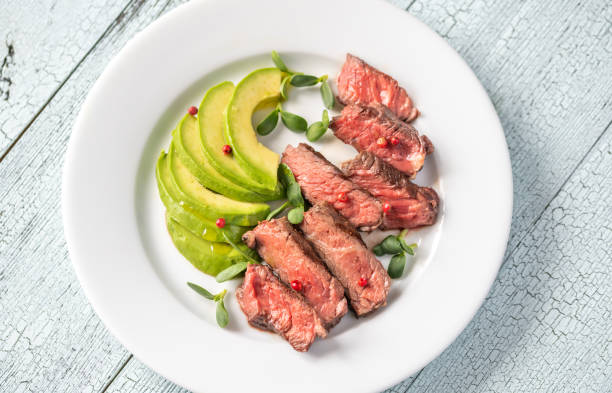 Beefsteak with sliced avocado