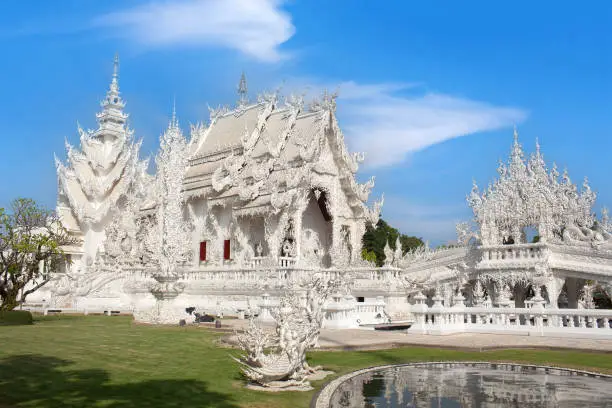 Panorama of famous Wat Rong Khun, or White Temple in Chiang Rai Province, Northern Thailand