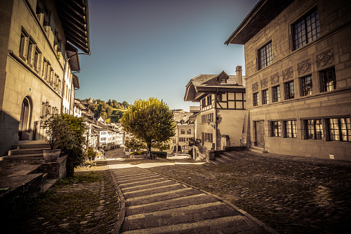 Wide angle shot of the streets of the old town of Fribourg in Switzerland