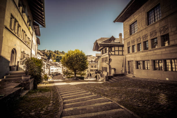 Stairs Wide angle shot of the streets of the old town of Fribourg in Switzerland fribourg city switzerland stock pictures, royalty-free photos & images