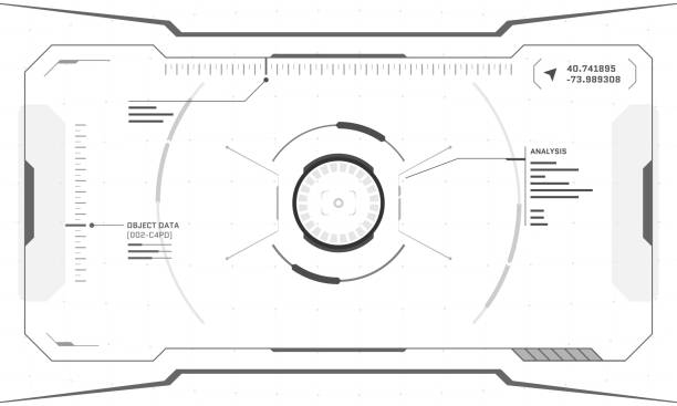 illustrations, cliparts, dessins animés et icônes de vr hud interface futuriste numérique cyberpunk conception de l’écran sur fond blanc. la technologie de réalité virtuelle de science-fiction affiche l’affichage tête haute. panneau vectoriel gui ui tableau de bord - digital display cyberspace security virtual reality simulator