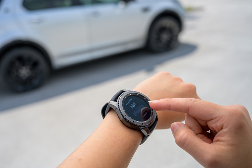 Close-up of female hands using smart watch to lock car.
Graphics were created by the contributor.