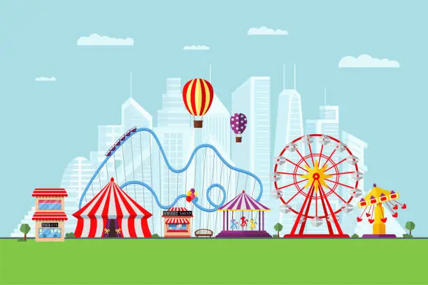 Vector illustration of Amusement park with circus carousels roller coaster and attractions on modern city background. Fun fair and carnival theme landscape. Ferris wheel and merry-go-round festival vector illustration
