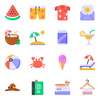 We bring an extensive collection of clothing and beach accessories flat icons. This amazing and trendy pack contains sunscreens, holiday, beach equipment and many more flat vectors.