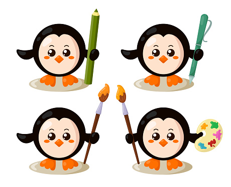 Set of funny cute kawaii penguin with round body, pencil, pen, brush and palette in flat design with shadows. Isolated animal vector illustration