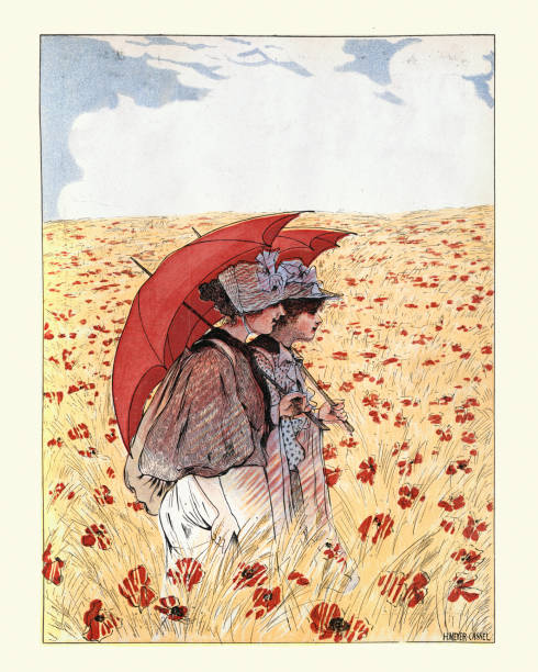 ilustrações de stock, clip art, desenhos animados e ícones de young women walking through a poppy meadow on summers day, victorian art nouveau 19th century - women victorian style retro revival art nouveau