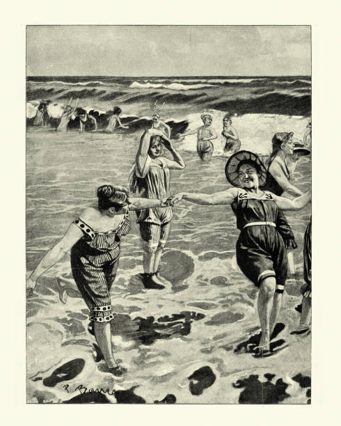 ilustrações de stock, clip art, desenhos animados e ícones de victorian women on vacation at the beach, playing in the sea, 1890s, 19th century - women victorian style retro revival art nouveau