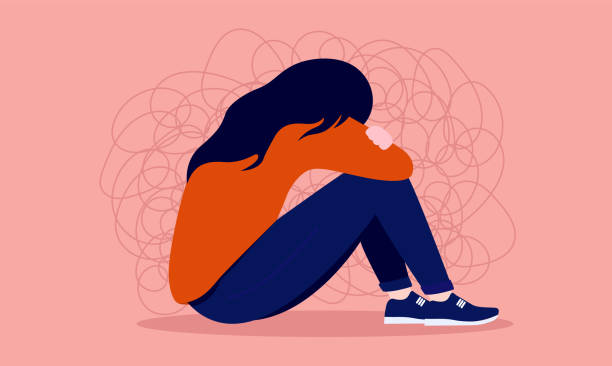 Anxiety - Anxious teen girl suffering from depression sitting with head in lap Woman mental health concept. Vector illustration. despair stock illustrations