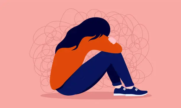 Vector illustration of Anxiety - Anxious teen girl suffering from depression sitting with head in lap