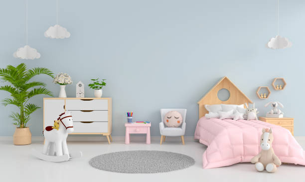istock Blue child bedroom with free space for mockup, 3D rendering 1301655372