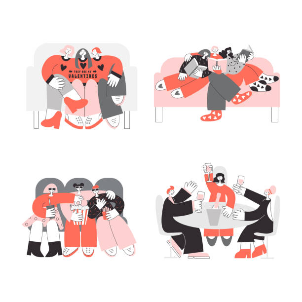 Polyamorous family living everyday life and celebrating Valentine's day. Polygamy and bisexuality concept. Happy non-monogamous open relationship. LGBT rights, happy pride vector flat illustration set. Polyamory relationship in everyday situations. Two women and a man reading books, wearing one Valentine sweater, drinking wine and celebrating Valentine's day, watching movie in cinema. Polygamy concept. polygamy stock illustrations