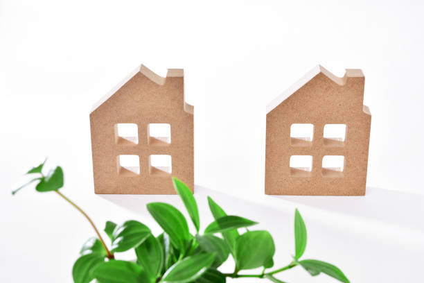 istock Miniature houses and plant on white background 1301662426