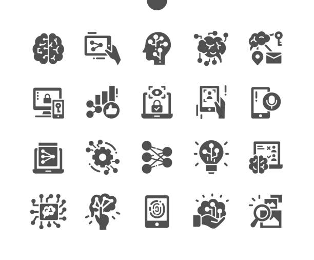 ilustrações de stock, clip art, desenhos animados e ícones de artificial neural network. user recognition. machine learning. fingerprint recognition. innovation, intelligence, smart, machine and processor. vector solid icons. simple pictogram - full contact