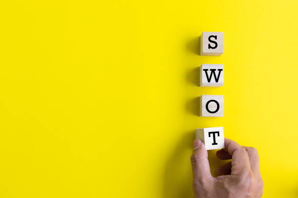 mano poniendo cubo de madera con análisis swot sobre fondo amarillo y espacio de copia. concepto de idea de estrategia. - swot analysis fotografías e imágenes de stock