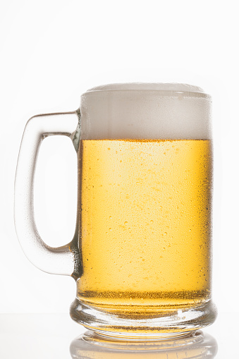 Glass of beer with blank road sign isolated on white background. 3d illustration