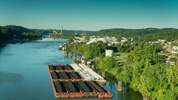 Drone Flight Towards Coal Barges on the Monongahela River in West Elizabeth, Pennsylvania