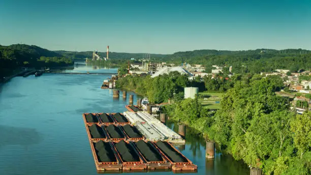 Photo of Drone Flight Towards Coal Barges on the Monongahela River in West Elizabeth, Pennsylvania