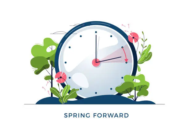 Vector illustration of Daylight Saving Time concept. The clocks moves forward one hour. Floral landscape with text Spring Forward, the hand of the clocks turning to summer time. Flat vector illustration