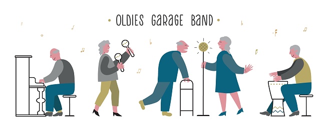 Elderlies, seniors sing and play in a band. Couple sings with enthusiasm. Oldies mens piano drum play. Lady maracas plays. Concept vector illustration for nursing home banner, web, club.