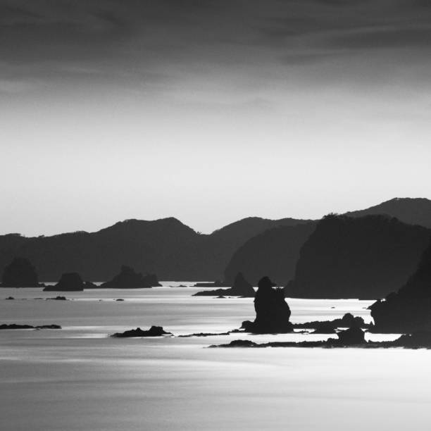 tiro de longa exposição de pilhas de mar e litoral na península de izu, prefeitura de shizuoka, japão - black and white landscape square long exposure - fotografias e filmes do acervo