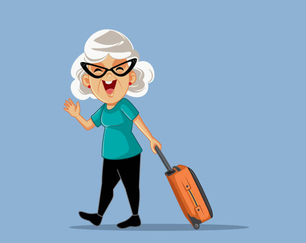 wesoła starsza kobieta salutująca i podróżująca z walizką - women travel tourist suitcase stock illustrations