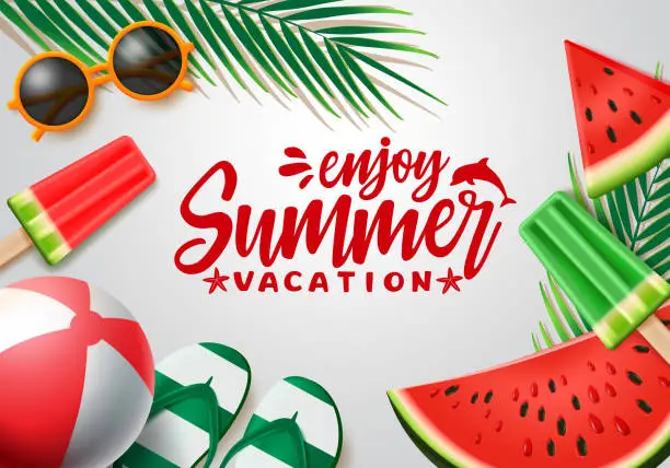 Vector illustration of Summer vector banner design. Summer vacation text with beach elements and tropical fruits like watermelon and popsicles in white background for holiday season.
