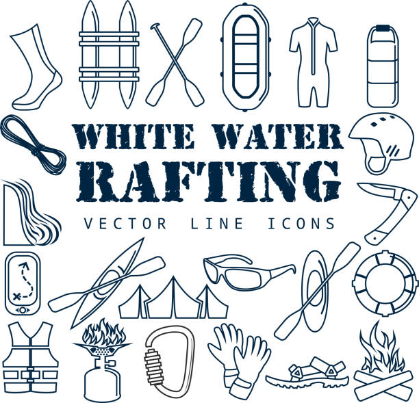 vektor-set von thin line icons - wildwasser-rafting-reiseobjekte - white water rafting outdoor pursuit rafting rapid stock-grafiken, -clipart, -cartoons und -symbole