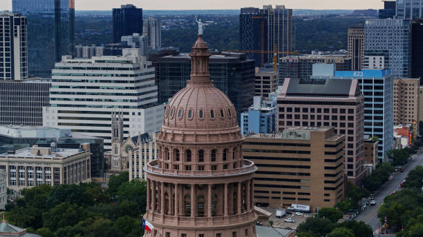 istock Texas State Capitol Dome and Austin Skyscrapers - Drone Shot 1301693544