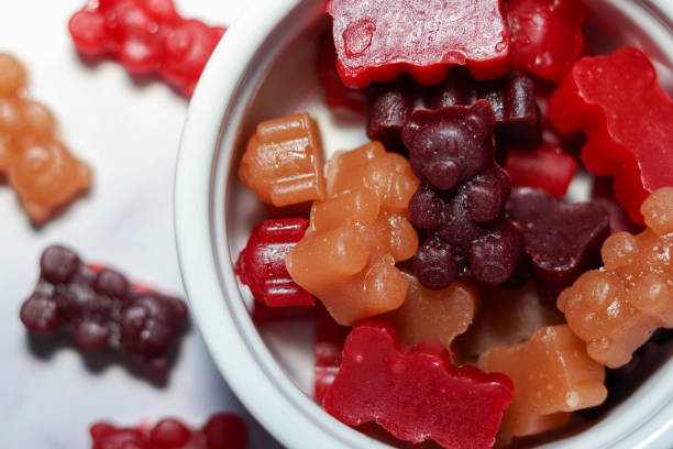 Close up of mixed flavor gummy bears