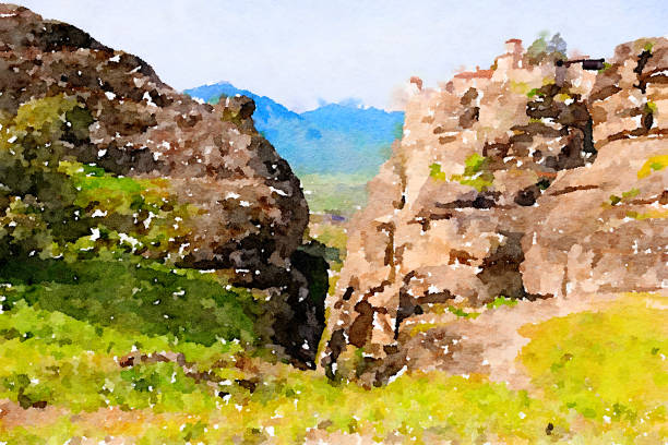 Watercolor drawing picture of Meteora famous temple world heritage site at Kalambaka Greece. Watercolor drawing picture of Meteora famous temple world heritage site at Kalambaka Greece. cloister stock illustrations