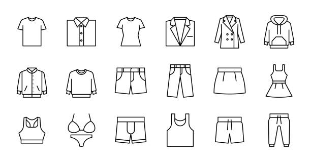 ilustraciones, imágenes clip art, dibujos animados e iconos de stock de iconos de ropa de esquema - swimming trunks illustrations