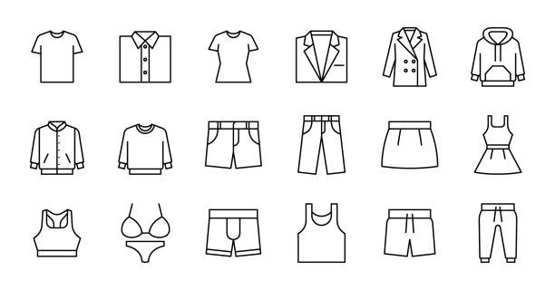 Outline Clothing Icons Simple icon set contains such Icons as T-shirt, jacket, dress,  and more sports bra stock illustrations