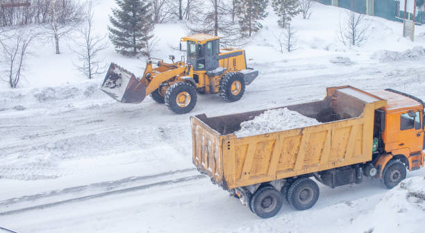 czyszczenie i sprzątanie dróg w mieście od śniegu w zimie - clear sky construction vehicle bulldozer commercial land vehicle zdjęcia i obrazy z banku zdjęć