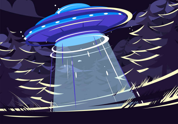 illustrazioni stock, clip art, cartoni animati e icone di tendenza di illustrazione vettoriale di un disco volante che vola sopra la foresta di notte, ufo nella foresta - alien invasion