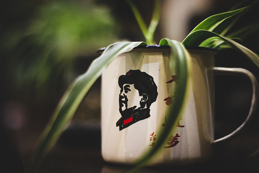 Old metal mug with Mao Zedong (Mao Tse-Tung) picture used as plant vase and home decoration