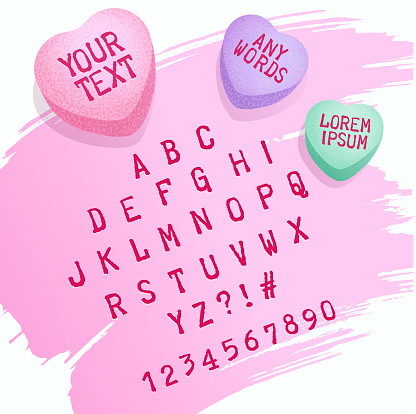 Valentine candy alphabet letters and candy hearts for customizing with your own text. Valentines Day design elements for greeting cards, invitations, social media posts and web pages.