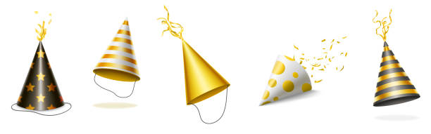istock Party hats with gold and black stripes and ribbons 1301708752