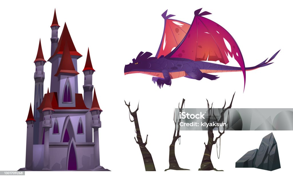  Ilustración de Conjunto Aislado De Dragones Castillos Árboles O Dibujos Animados De Roca y más Vectores Libres de Derechos de Dinosaurio