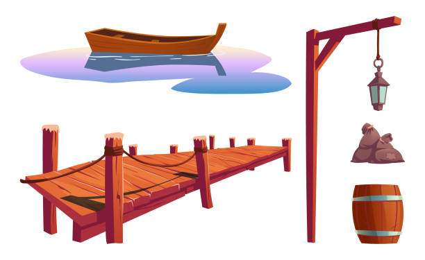 Old wooden pier for fishing, boat and lantern Old wooden pier on river, sea or lake, water surface with boat, pole with lantern, barrel, bags isolated on white background. Vector cartoon set, wharf for fishing, dock for canoe berth at pond bay cartoon stock illustrations