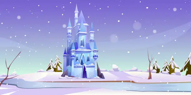 Vector illustration of Magic castle at winter day on frozen river bank