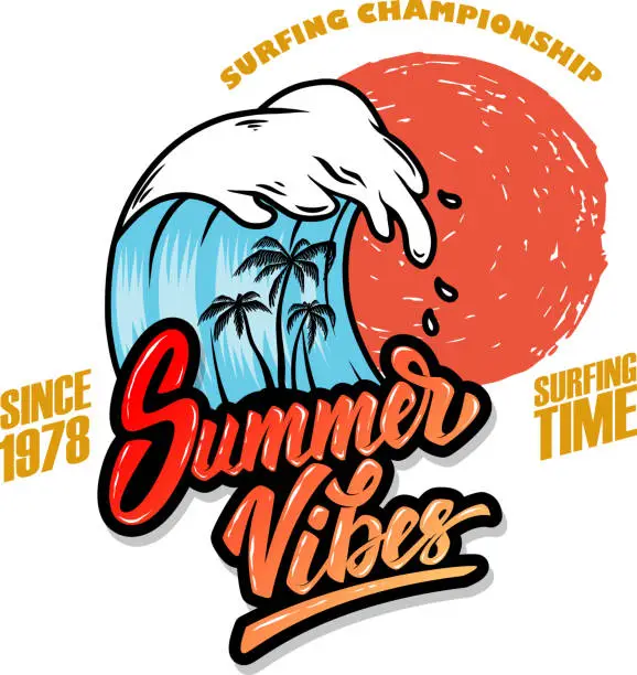 Vector illustration of Summer vibes. Emblem template with sea waves and palms. Design element for poster, card, banner, sign, emblem. Vector illustration
