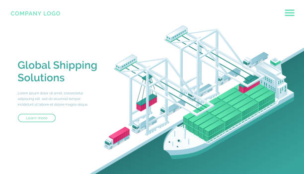 Global shipping solutions isometric landing page Global shipping solutions isometric landing page. Transport logistics, ship port delivery service company, truck cargo transportation, worldwide export, import industrial business 3d vector web banner Harbor stock illustrations