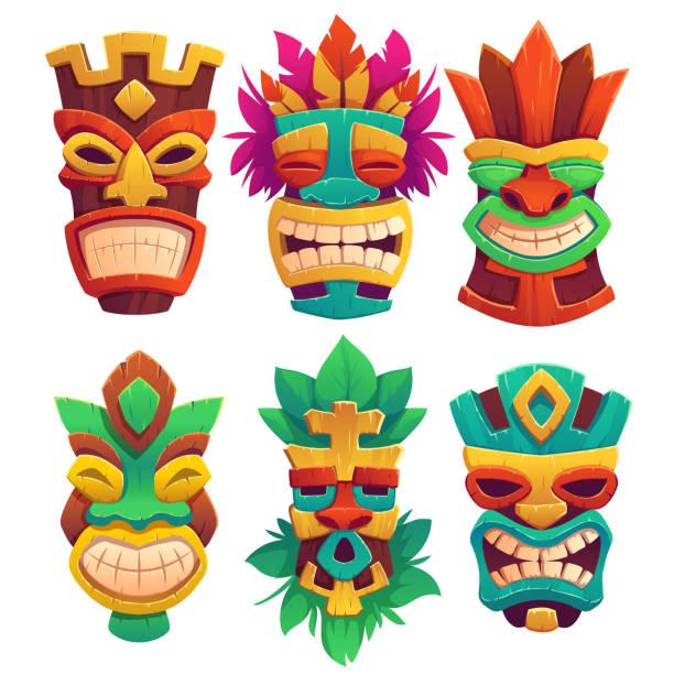 Tiki masks, tribal wooden totems in hawaiian style Tiki masks, tribal wooden totems, hawaiian or polynesian style attributes, scary faces with toothy mouth, decorated with leaves isolated on white background. Cartoon vector illustration, icons set totem pole stock illustrations