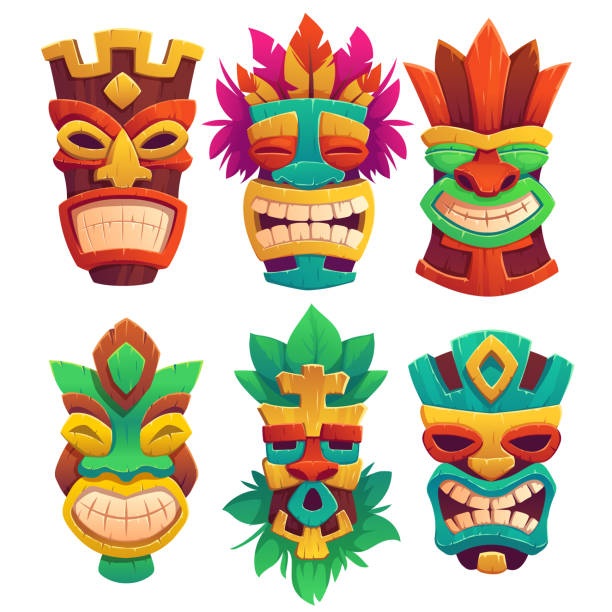 Tiki masks, tribal wooden totems in hawaiian style Tiki masks, tribal wooden totems, hawaiian or polynesian style attributes, scary faces with toothy mouth, decorated with leaves isolated on white background. Cartoon vector illustration, icons set totem pole face stock illustrations