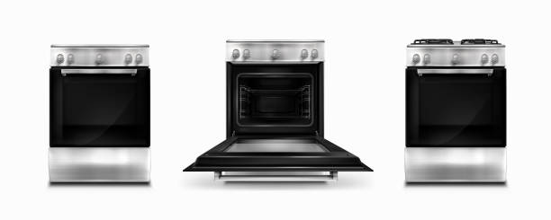 Gas stove and cooking panel with electric oven Gas stove and induction cooking panel with electric oven with open and closed door isolated on white background. Vector realistic set of metal kitchen cooker front view oven door stock illustrations